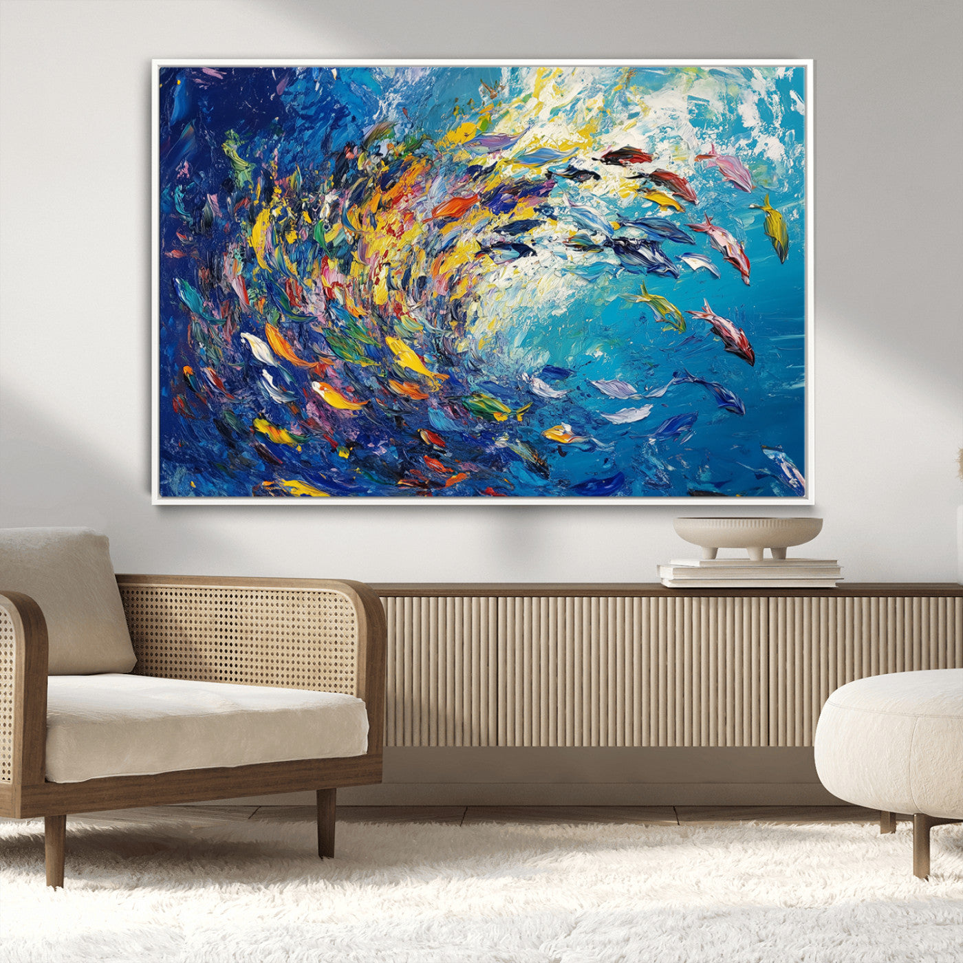MGV-FC-36X24 - Colorful Swirling Fish School Wall Art Canvas Print | Oceanic Abstract Painting | Ready to Hang |