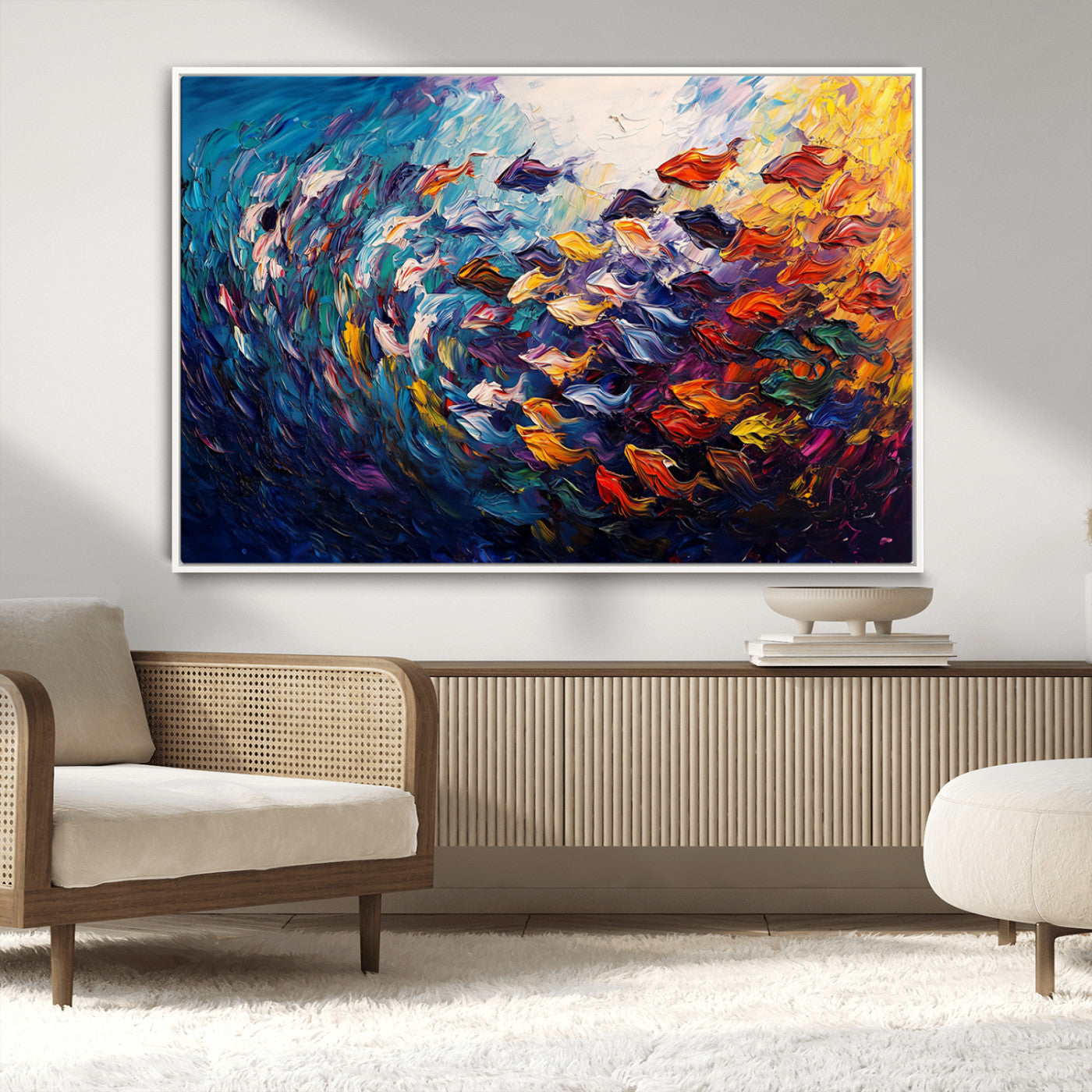 MGV-FC-36X24 - Vibrant Abstract Fish Swarm Art – Colorful Fish Inspired 3-Piece Canvas Wall Art for Living Room or