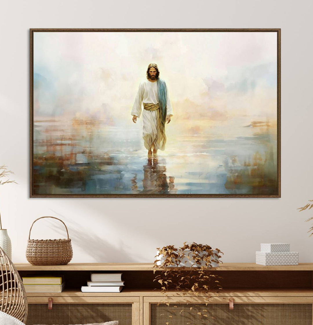 The 3-panel Framed Jesus Walking on Water Wall Art showcases a serene religious scene.