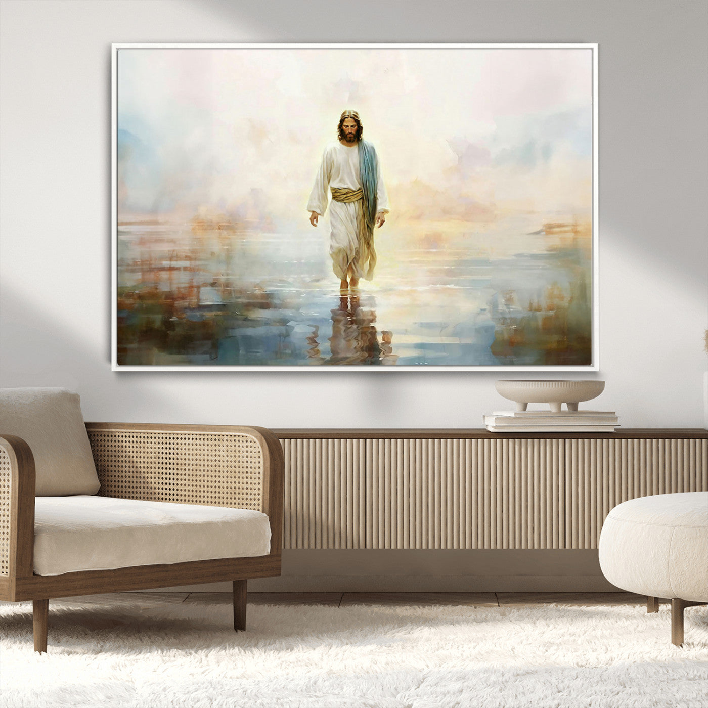 MGV-FC-36X24 - Framed Jesus Walking on Water Wall Art - 3-Panel Christian Canvas Prints, Religious Artwork for
