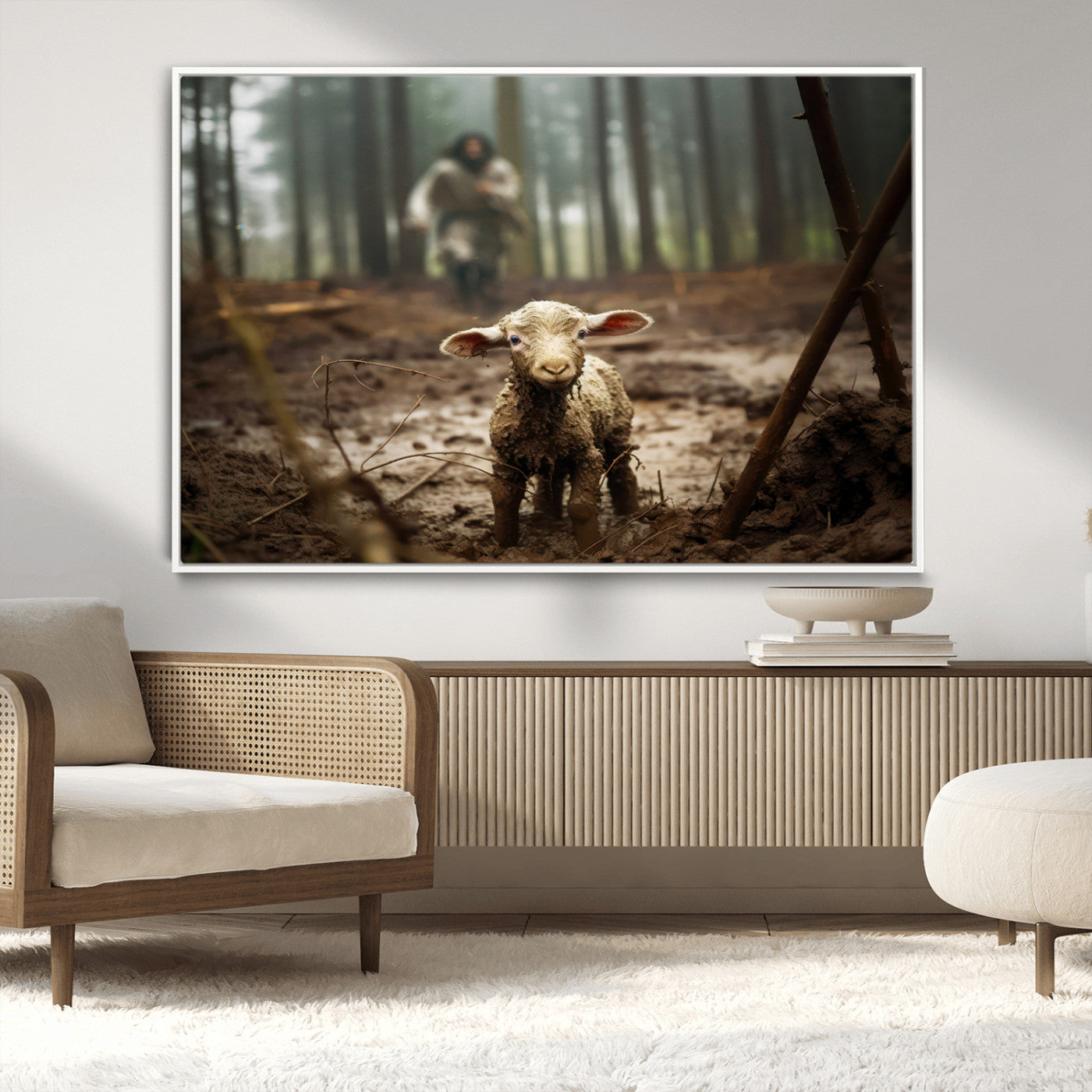 MGV-FC-36X24 - Jesus Running After a Lost Lamb Canvas Wall Art Print