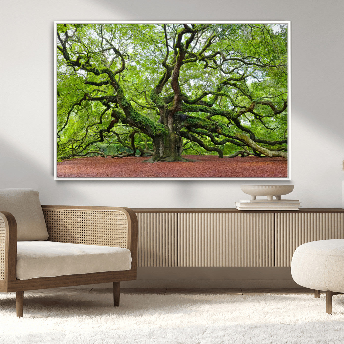 MGV-FC-36X24 - Framed Angel Oak Tree Wall Art - 3-Panel Canvas Prints, Large Green Nature Artwork, Ready to Hang