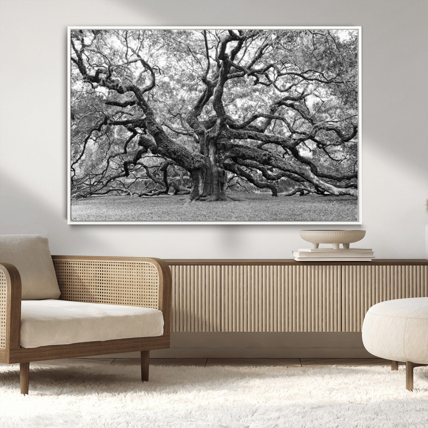 MGV-FC-36X24 - Black White Angel Oak Tree Wall Art - Timeless Nature-Inspired Canvas for Rustic, Modern, or