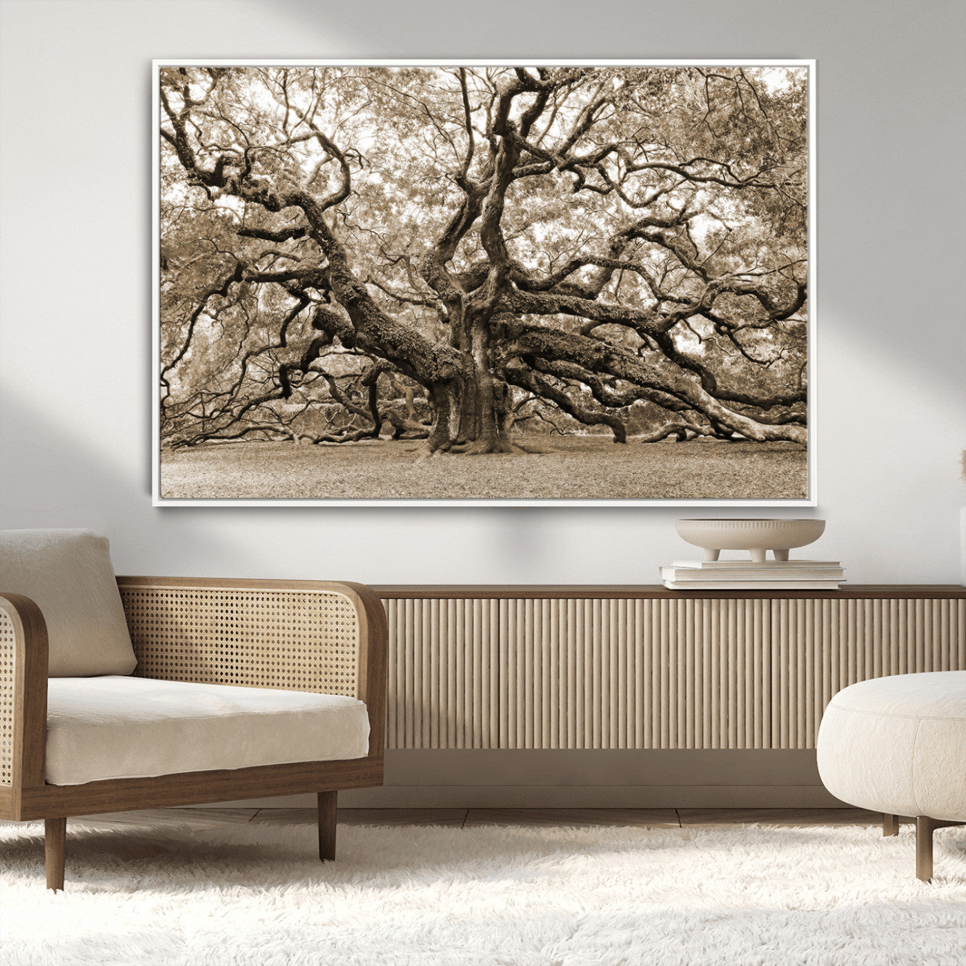51126-MGV-CV-36X24-Sepia Framed Angel Oak Tree Wall Art - 3-Panel Canvas Prints, Large Green Nature Artwork, Ready to