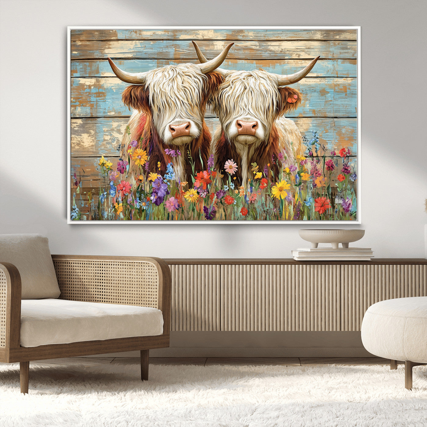 MGV-FC-36X24 - Cute Highland Cow Canvas Wall Art - Rustic Farmhouse Decor with Colorful Flowers Perfect Wall Art