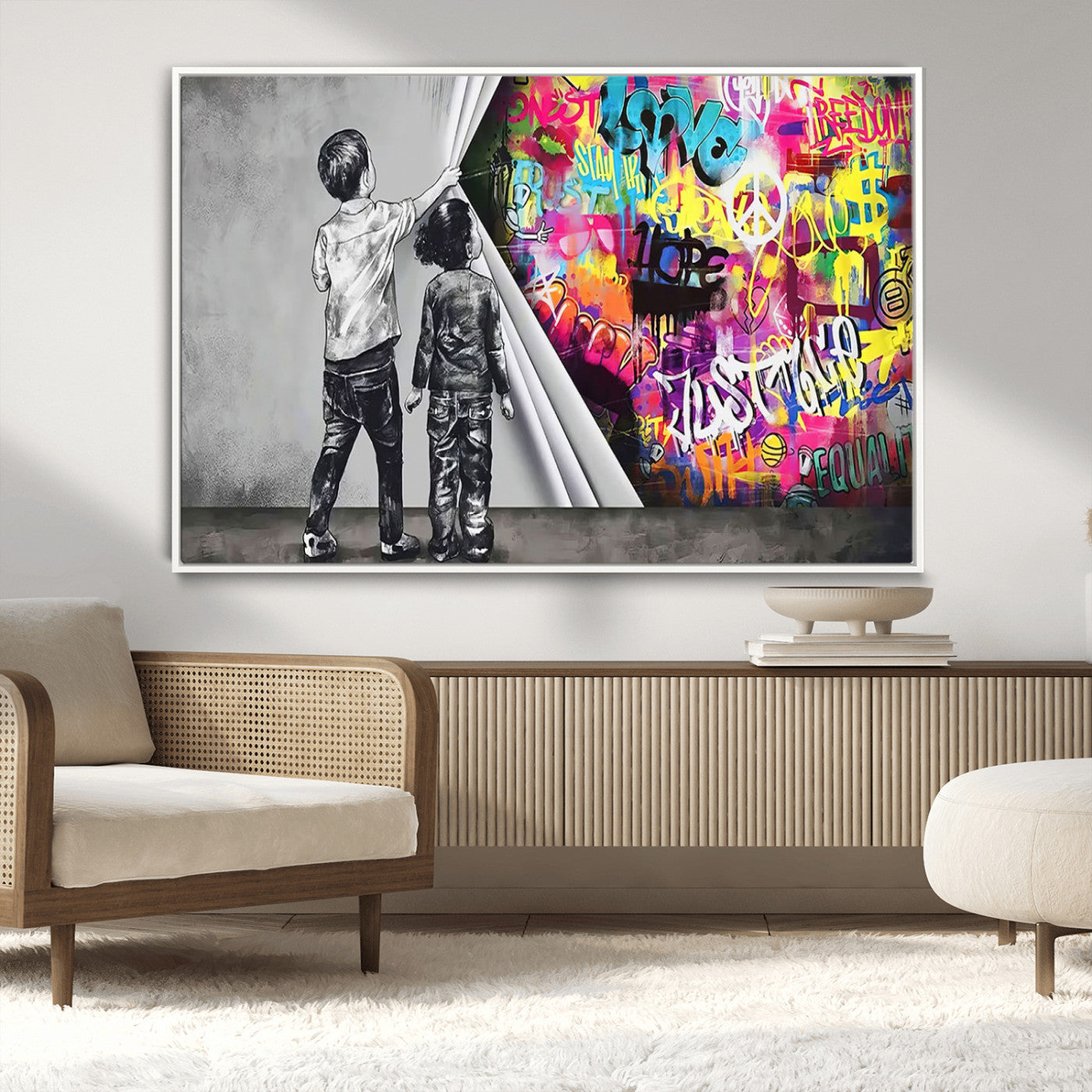 MGV-FC-36X24 - Banksy Print - Street Art Canvas Wall Art - Kids Revealing Graffiti, Urban Modern Decor for Living