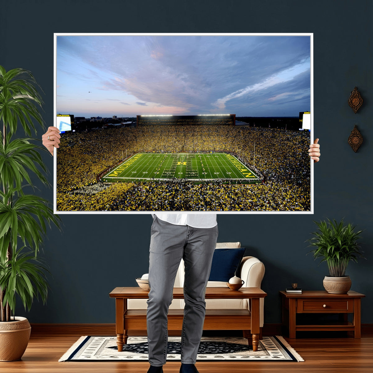82641-MGV-CV-36X24 - Michigan Stadium Wall Art Canvas Print – Framed Football Field Scene with Marching Band Artwork for Home, Office