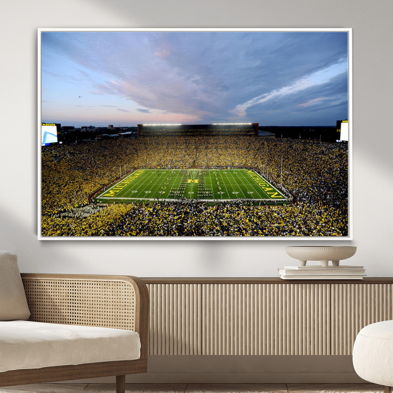82641-MGV-FC-36X24 - Michigan Stadium Wall Art Canvas Print, Vibrant Game Day Crowd and Sunset Sky Football Field Artwork for Home, Office