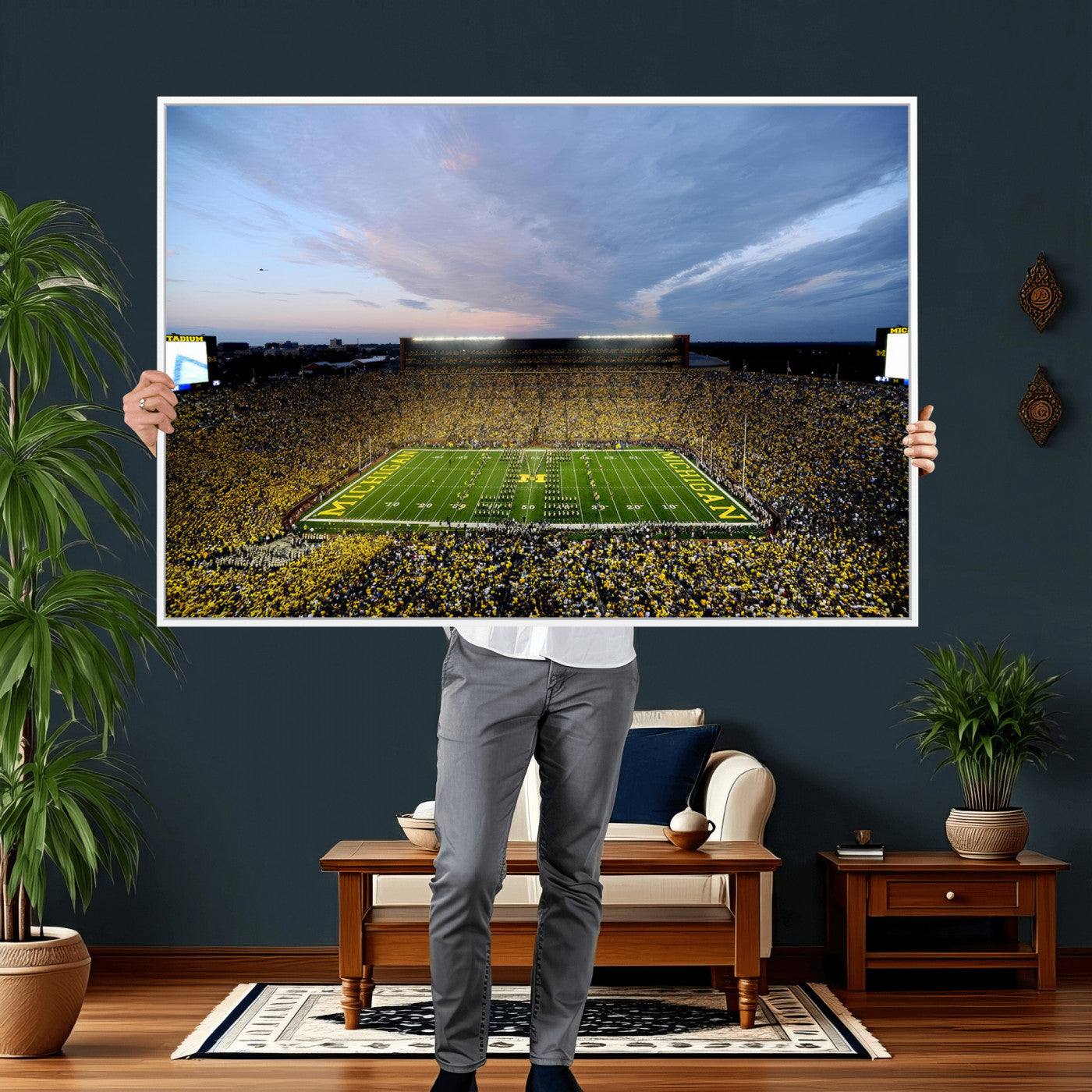 82641-MGV-CV-36X24 - Michigan Stadium Wall Art Canvas Print, Vibrant Game Day Crowd and Sunset Sky Football Field Artwork for Home, Office