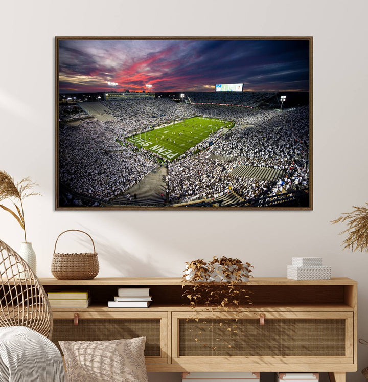 A sunset print on a canvas wall art piece captures the scene of white-clad fans at Beaver Stadium for the Nittany Lions game.