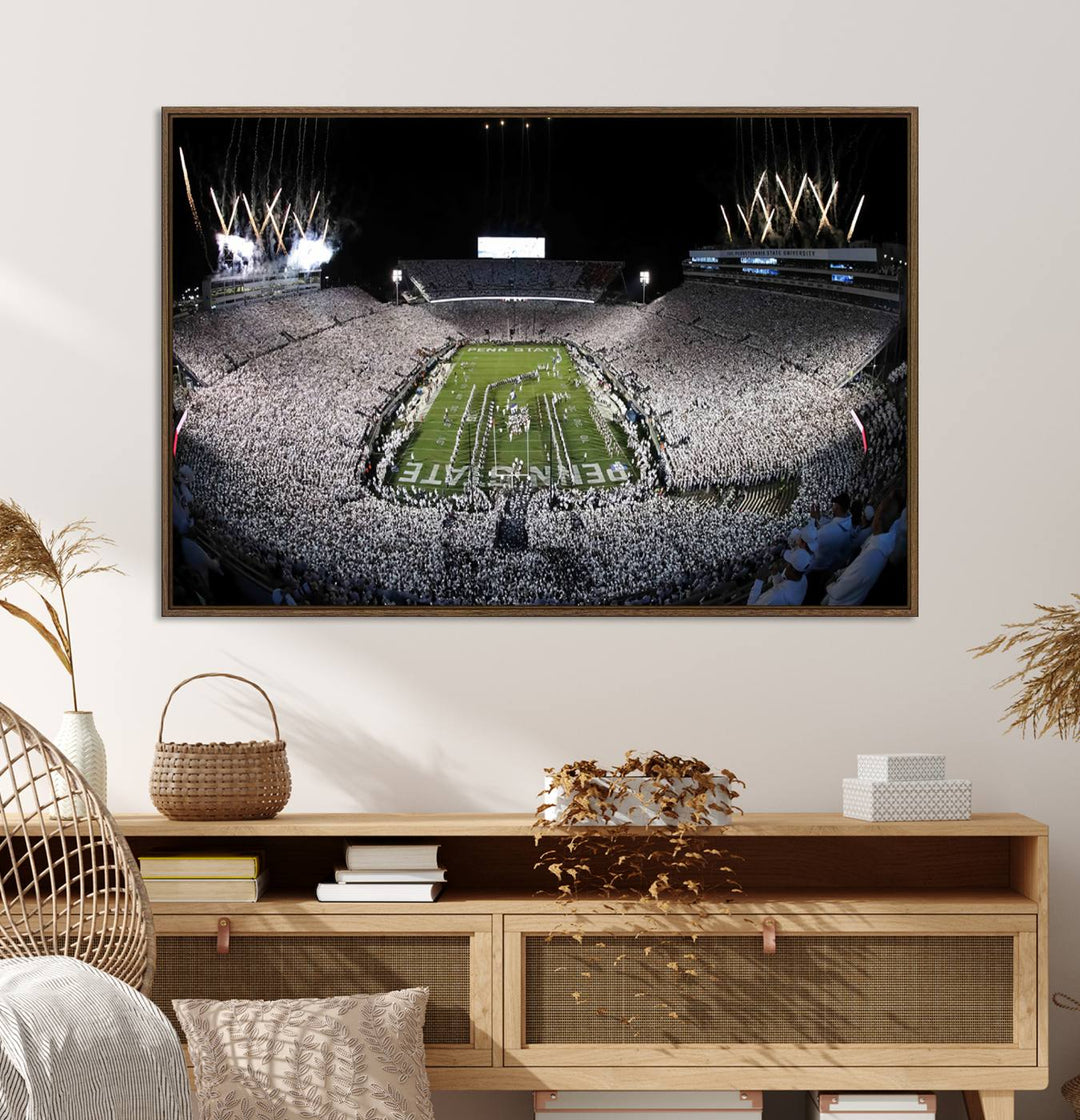 Wide-angle print of a packed stadium with fireworks, ideal gallery-quality wall art - Penn State Nittany Lions Canvas.