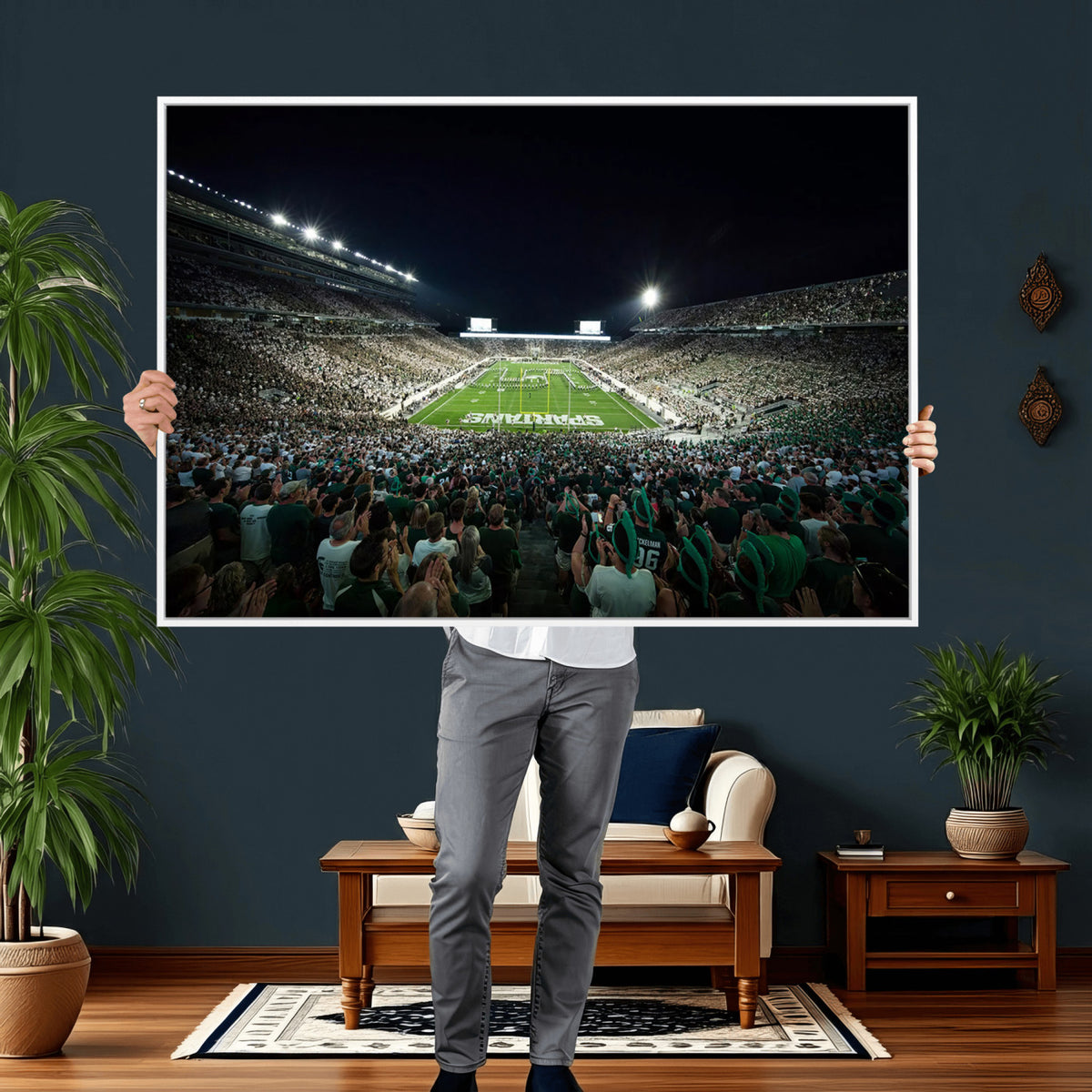 57523-PAN-FL-20X10 - Framed Michigan State Spartans Football Team Print - East Lansing Spartan Stadium Wall Art Canvas