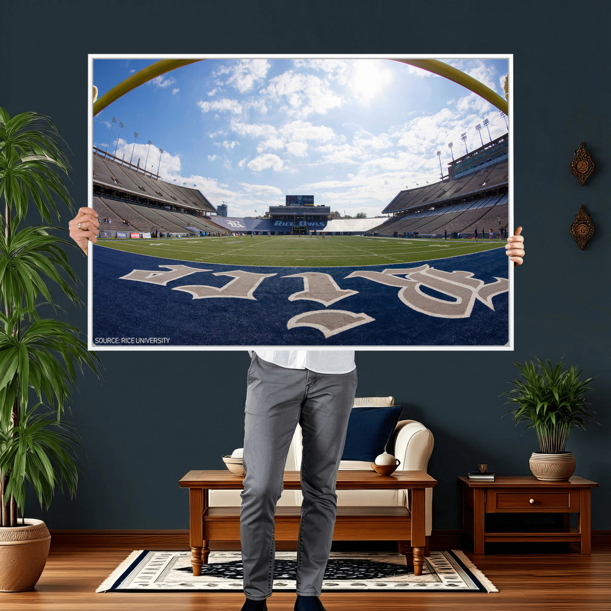 50267-MGV-CV-36X24 - Rice University Owls Football Team Print, Houston Rice Stadium, Framed and Ready to Hang
