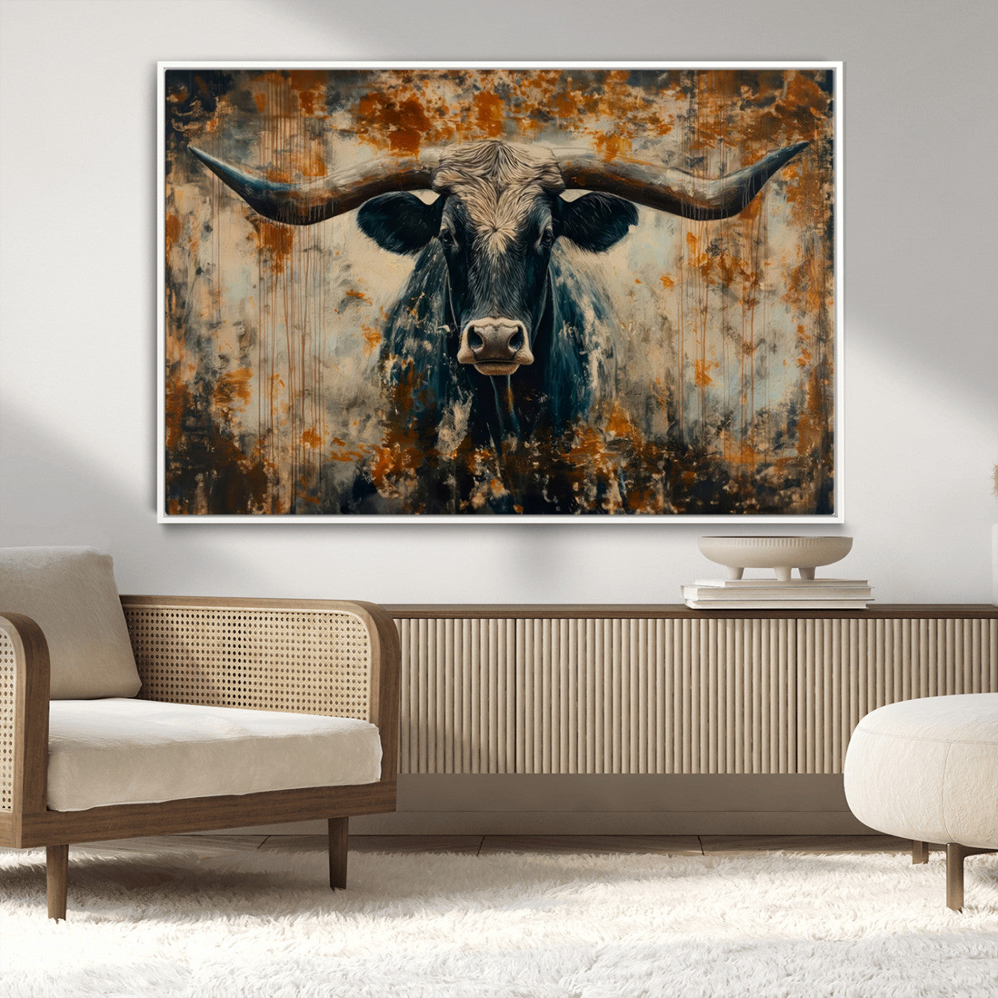 MGV-FC-36X24 - Abstract Longhorn Bull Wall Art | Rustic Western Wall Decor | Framed and Ready to Hang | Ideal for