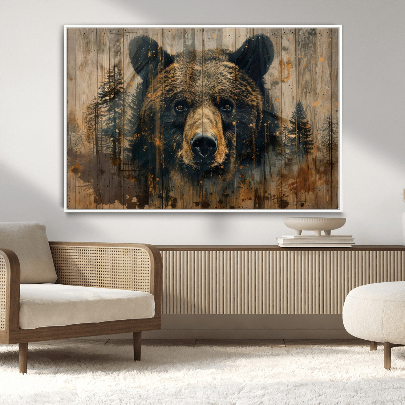 MGV-FC-36X24 - Abstract 399 Bear Wall Art | Rustic Cabin Wall Decor with Forest Design | Framed and Ready to Hang |