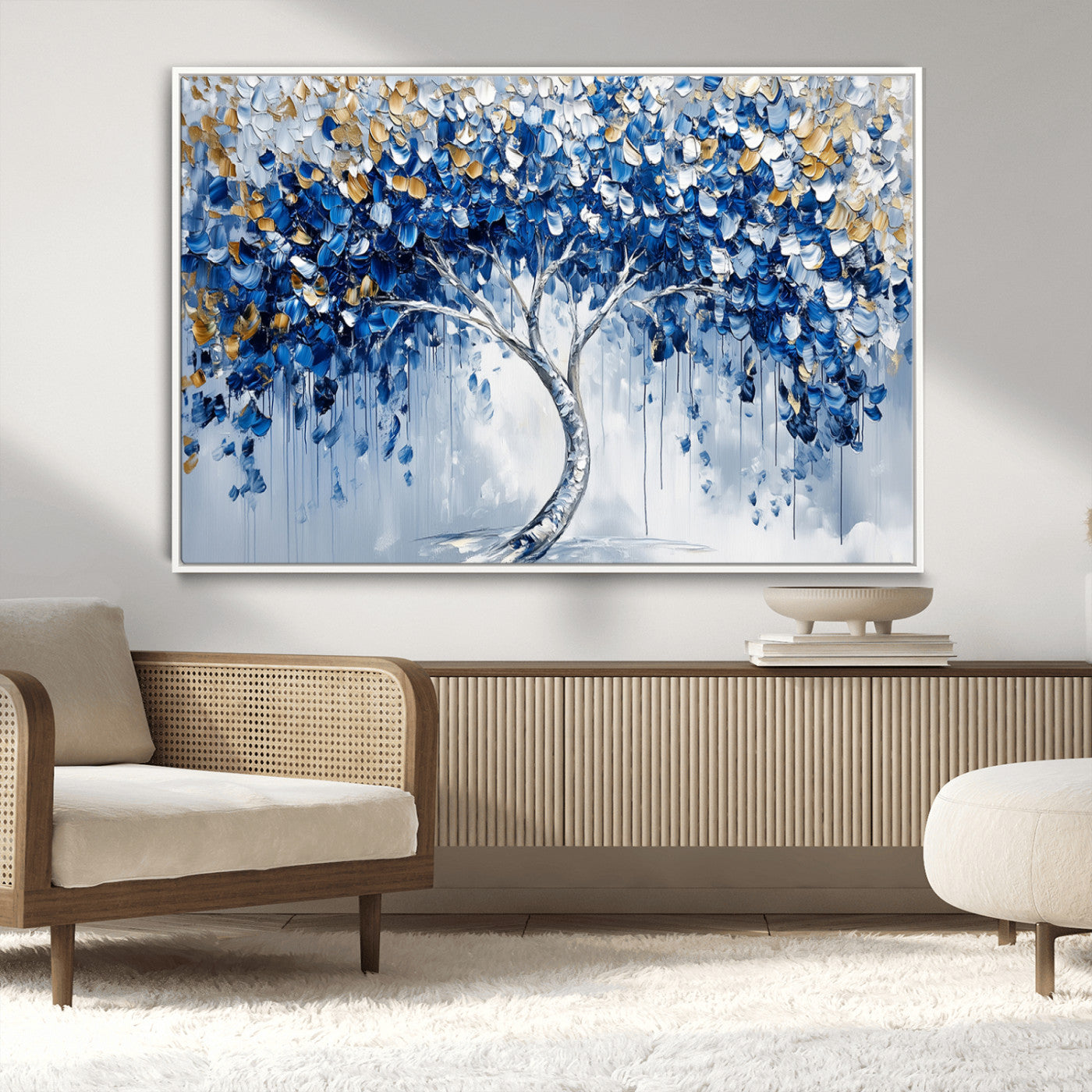 MGV-FC-36X24 - Blue and Gold Abstract Tree Wall Art Canvas Print | Modern Tree of Life Painting | Framed Canvas