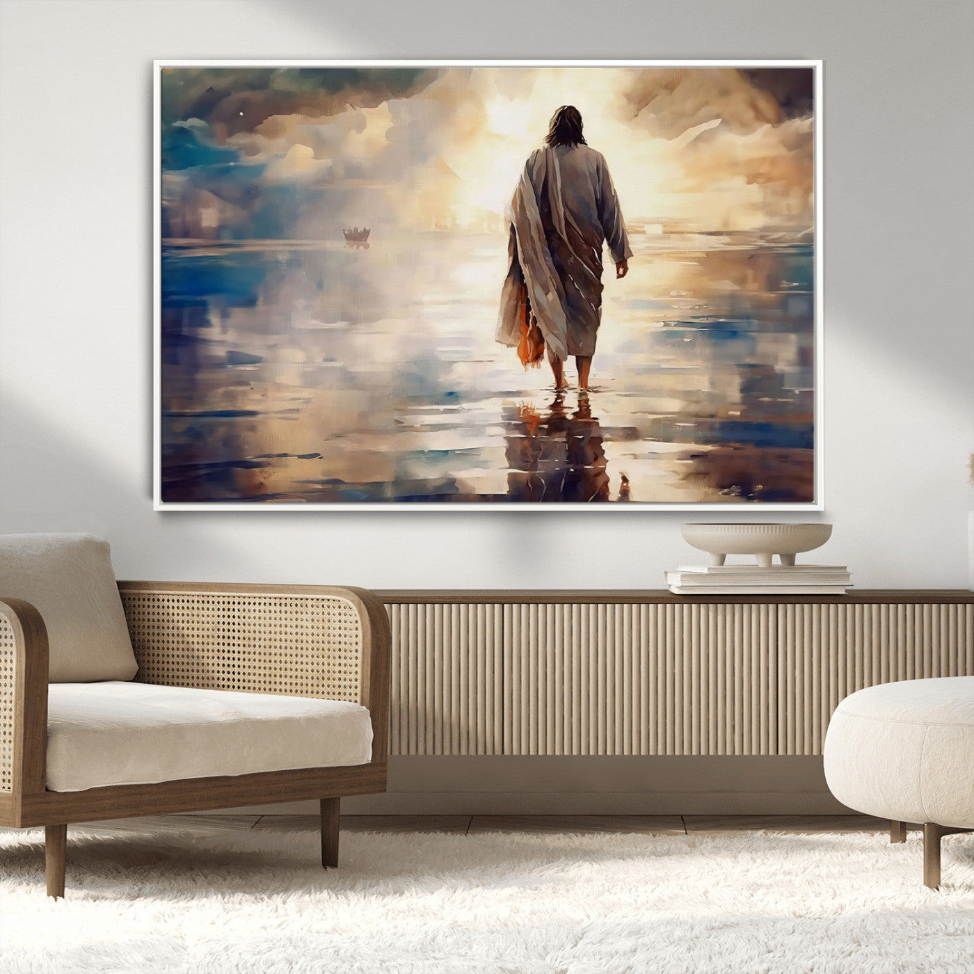 MGV-FC-36X24 - Jesus Walking on Water Wall Art | Ready to Hang Spiritual Triptych Canvas Print | Inspirational