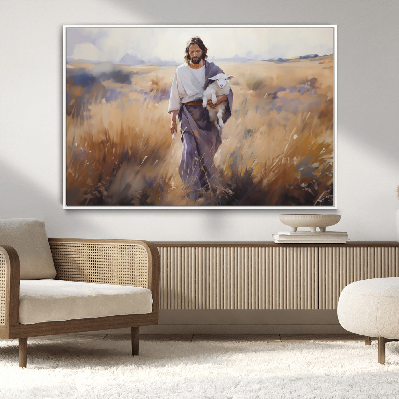 MGV-FC-36X24 - Jesus the Good Shepherd Wall Art Canvas Print - Lost Lamb Print for Prayer Room Decor
