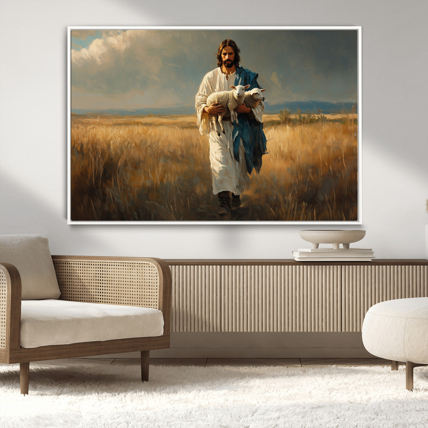 MGV-FC-36X24 - Jesus Shepherd Wall Art | Ready to Hang Triptych Canvas of Jesus Holding a Lamb in a Field |
