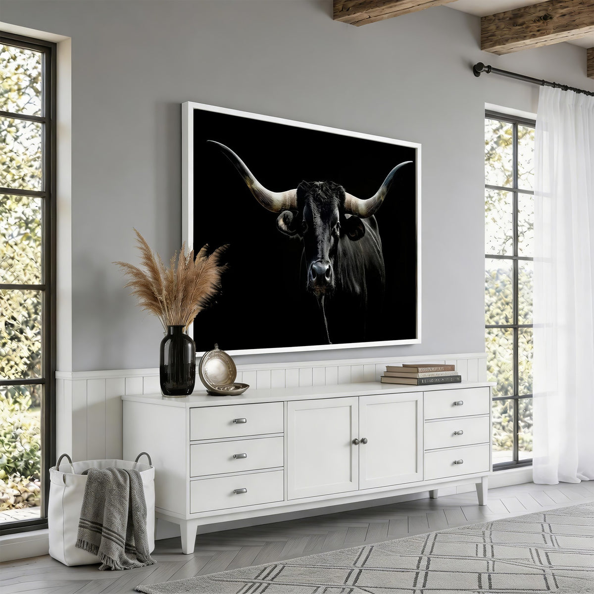 20679-MGV-CV-24X16 - Texas Black Longhorn Bull Wall Art Canvas Print, Western Cattle Rustic Decor