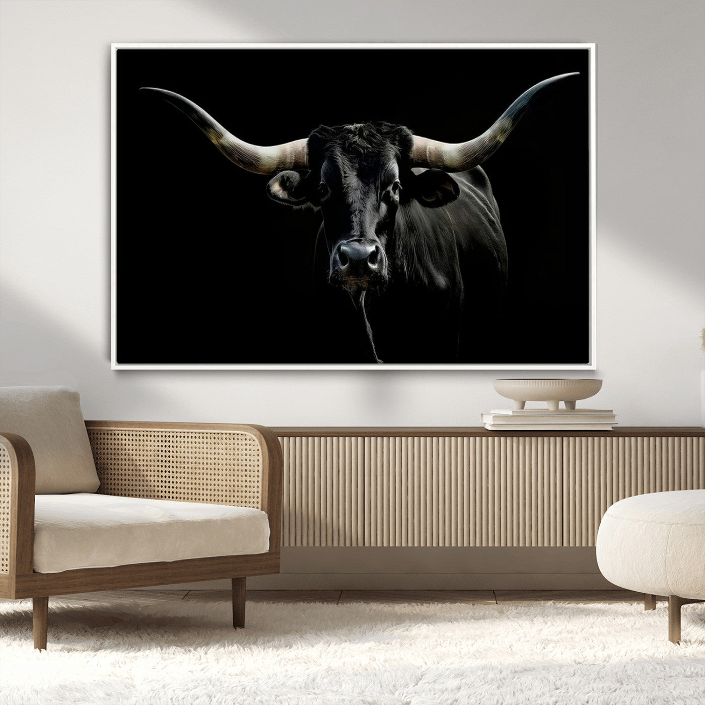 MGV-FC-36X24 - Texas Black Longhorn Bull Wall Art Canvas Print - Western Texas Cattle Rustic Decor Print - Longhorn