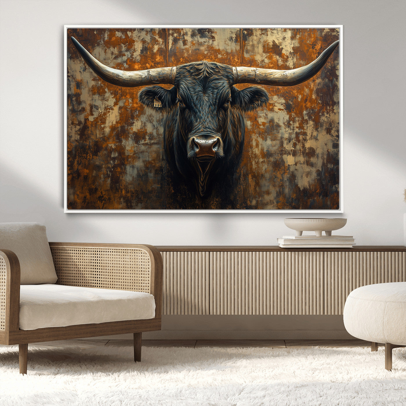 MGV-FC-36X24 - Longhorn Texas Cow Bull Wall Art | Rustic Farmhouse Canvas Print | Ready to Hang Barn Decor for