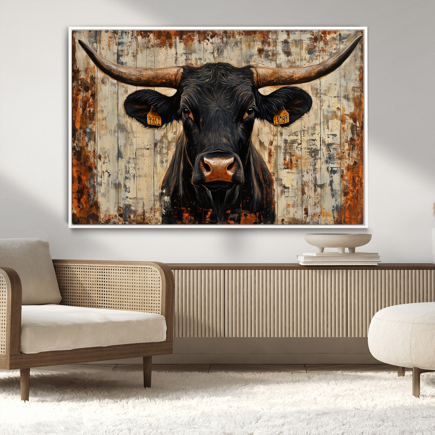 MGV-FC-36X24 - Rustic Texas Artwork Wall Art Canvas Print - Abstract Cow Longhorn Bull Wall Art Canvas Print