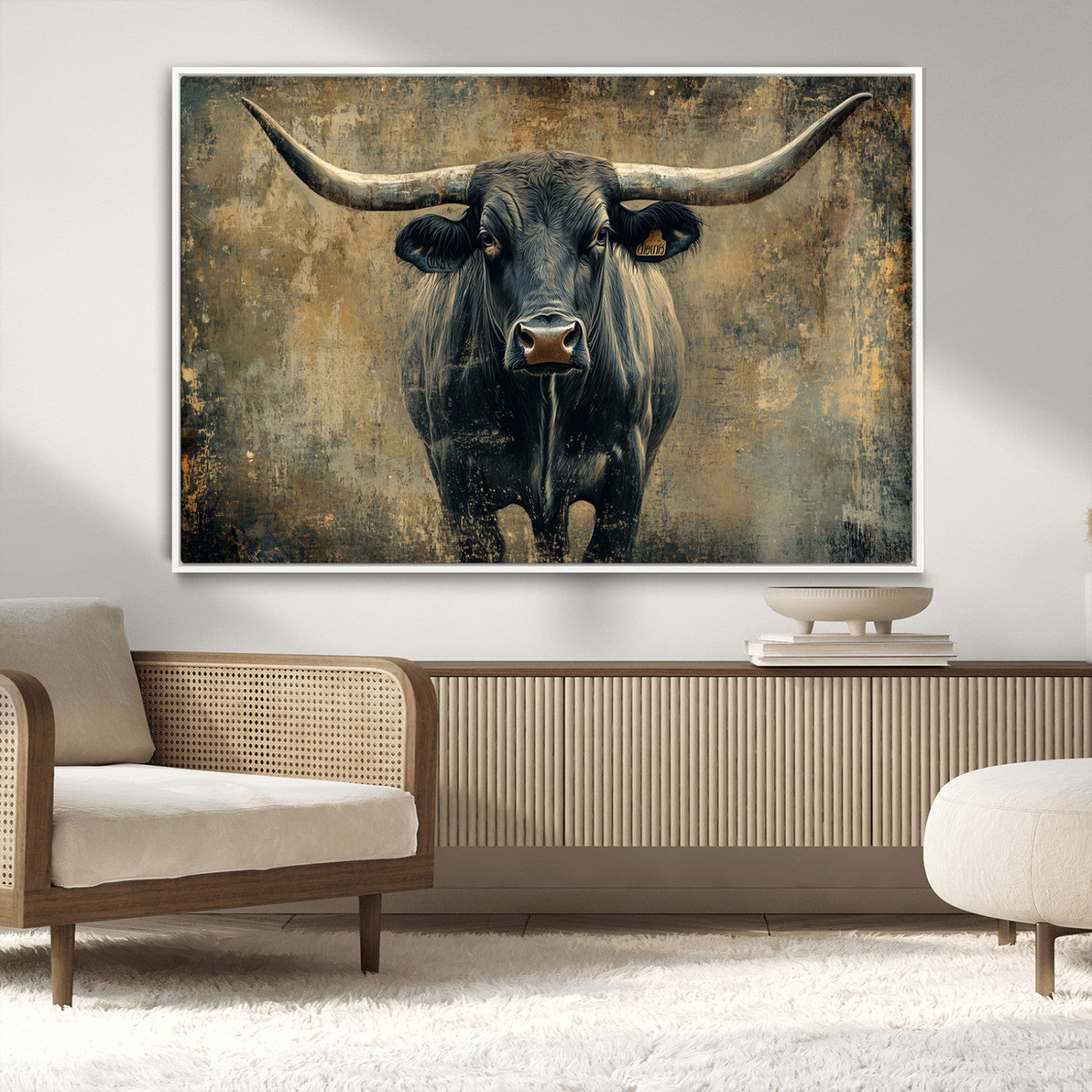 MGV-FC-36X24 - Longhorn Bull Wall Art Canvas Print, Framed Rustic Cow Art Picture Print, Texas Longhorn Perfect Western Decor Artwork