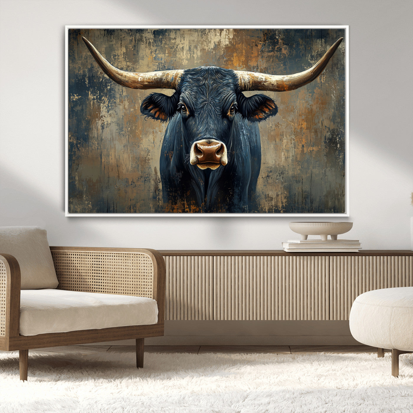 MGV-FC-36X24 - Texas Western Wall Art Canvas Print - Abstract Cow Longhorn Bull Wall Art Canvas Print - Rustic Cow