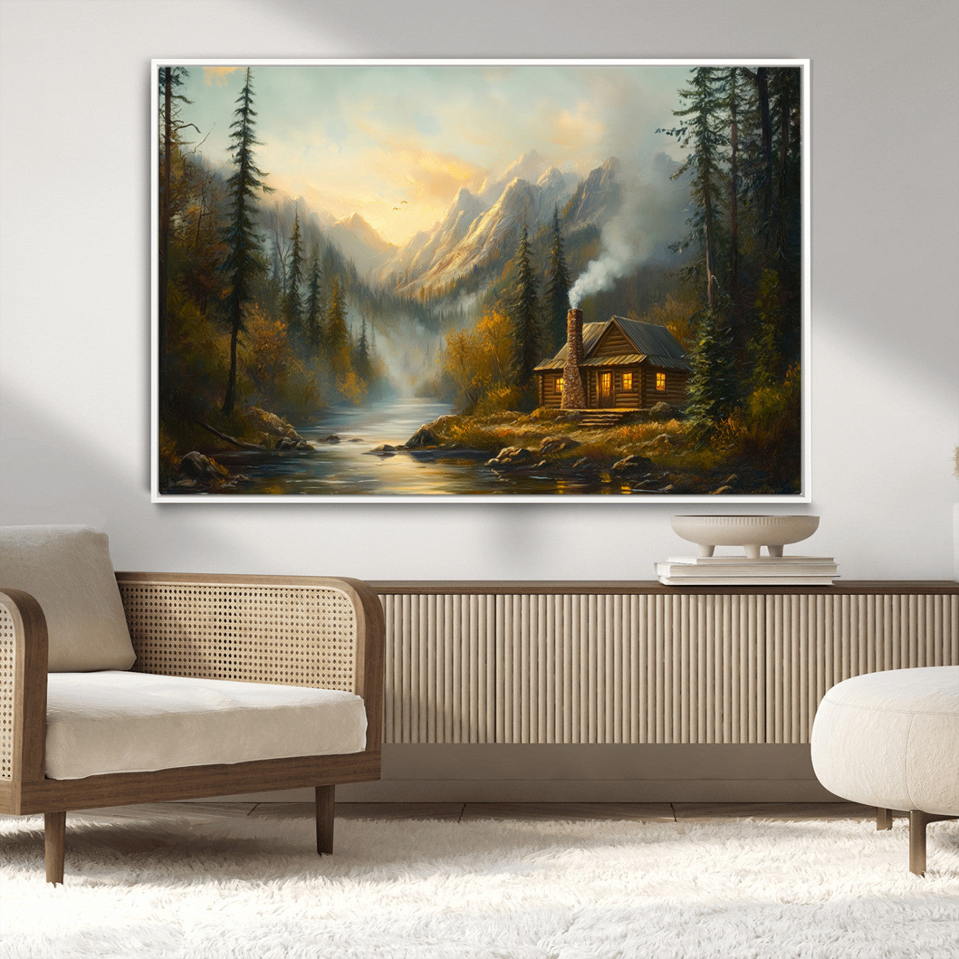 MGV-FC-36X24 - Wood Cabin Retreat Mountain at Sunset Wall Art Print - Serene Forest and River Landscape Wall Art