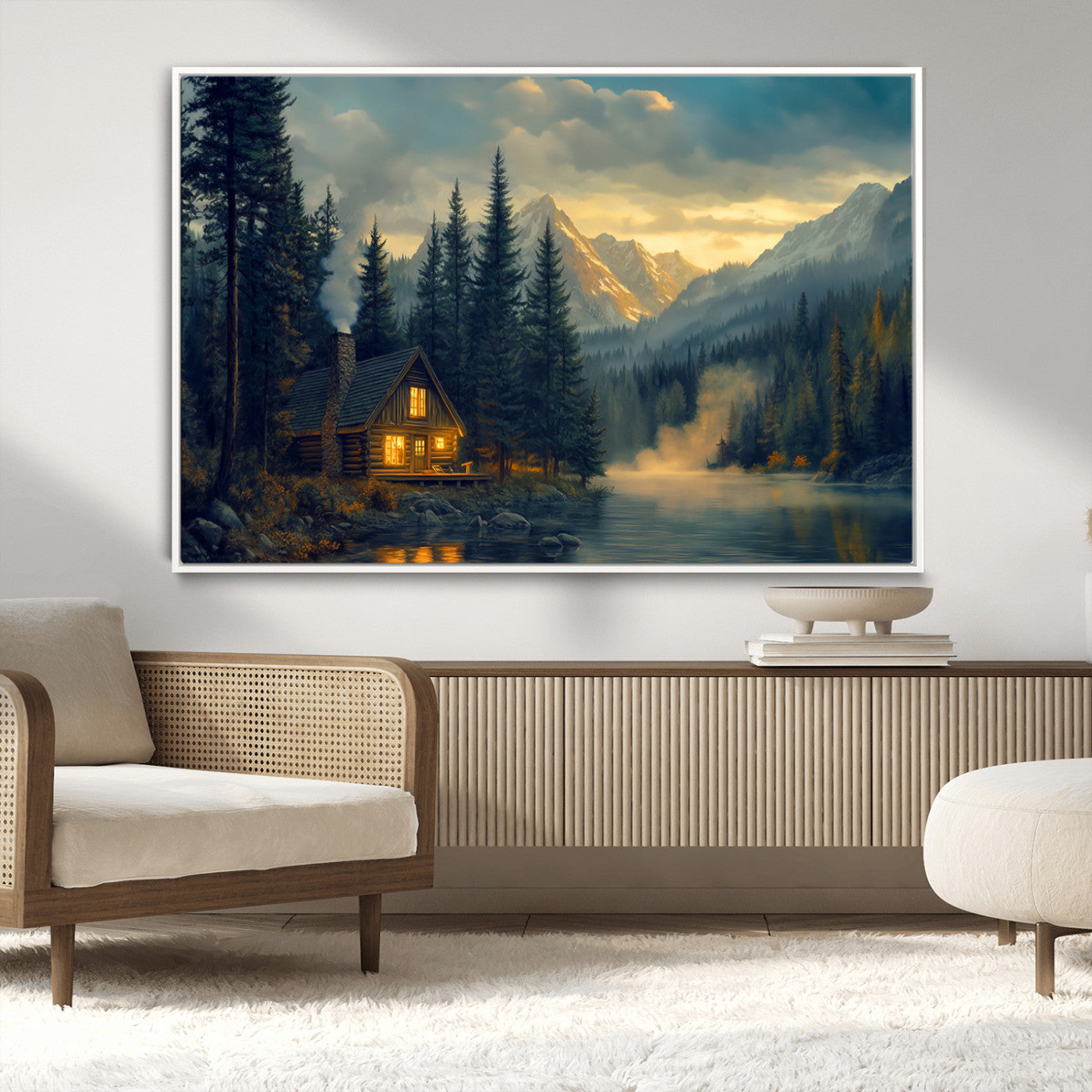MGV-FC-36X24 - Mountain Cabin by the Lake at Sunset Wall Art - Serene Nature Canvas Print for Living Room Decor,