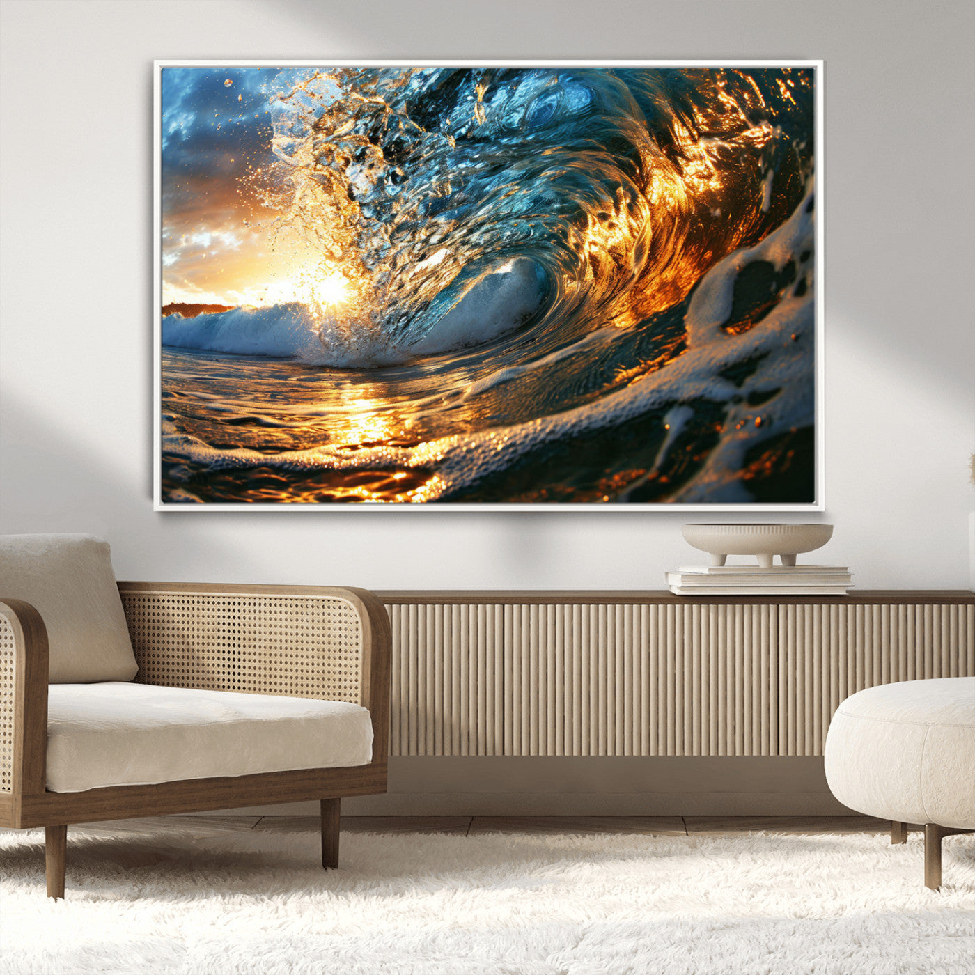 MGV-FC-36X24 - Ocean Wave at Sunset Canvas Wall Art – Vibrant Coastal Beach Waves Print, Large Nautical Decor,