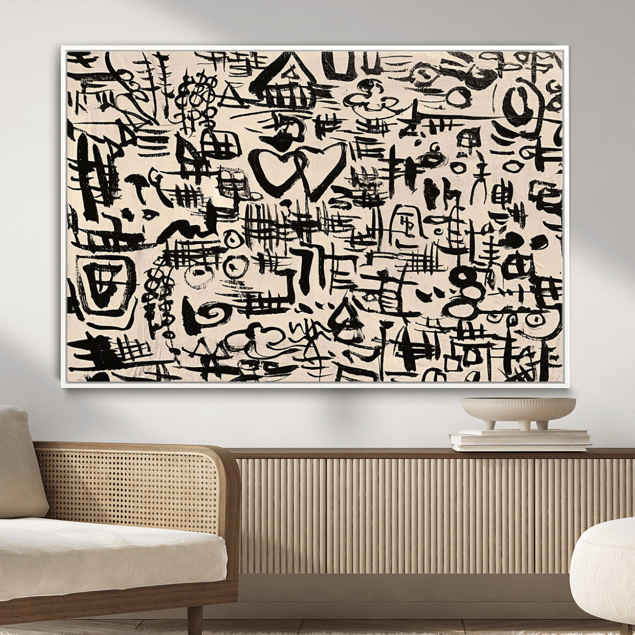 68273-MGV-FC-36X24 - Abstract Love and Chaos Canvas Print, Black Symbols on Beige