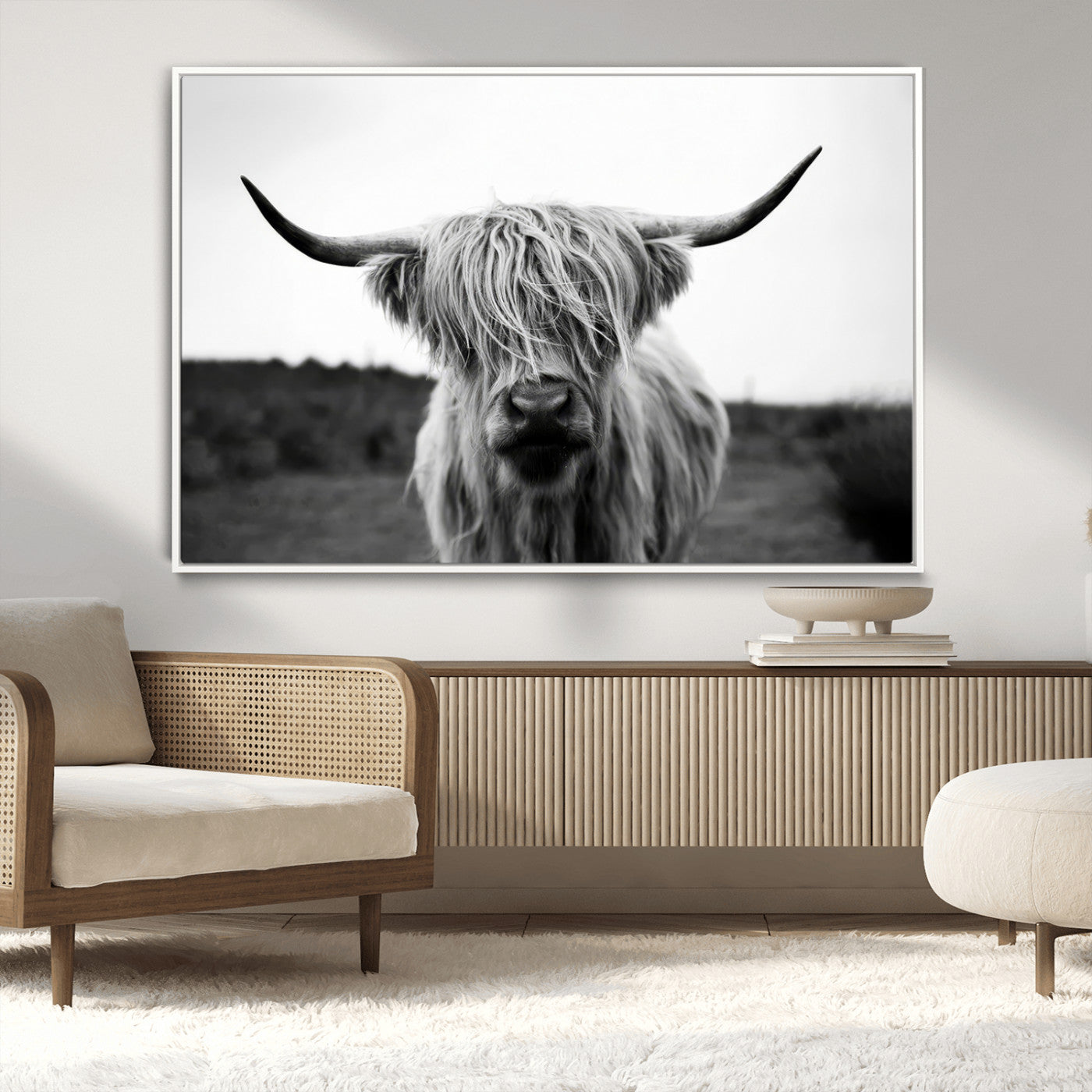 MGV-FC-36X24 - Highland Cow Wall Art | Black and White Farmhouse Decor | Triptych Canvas Print | Rustic Barn Decor