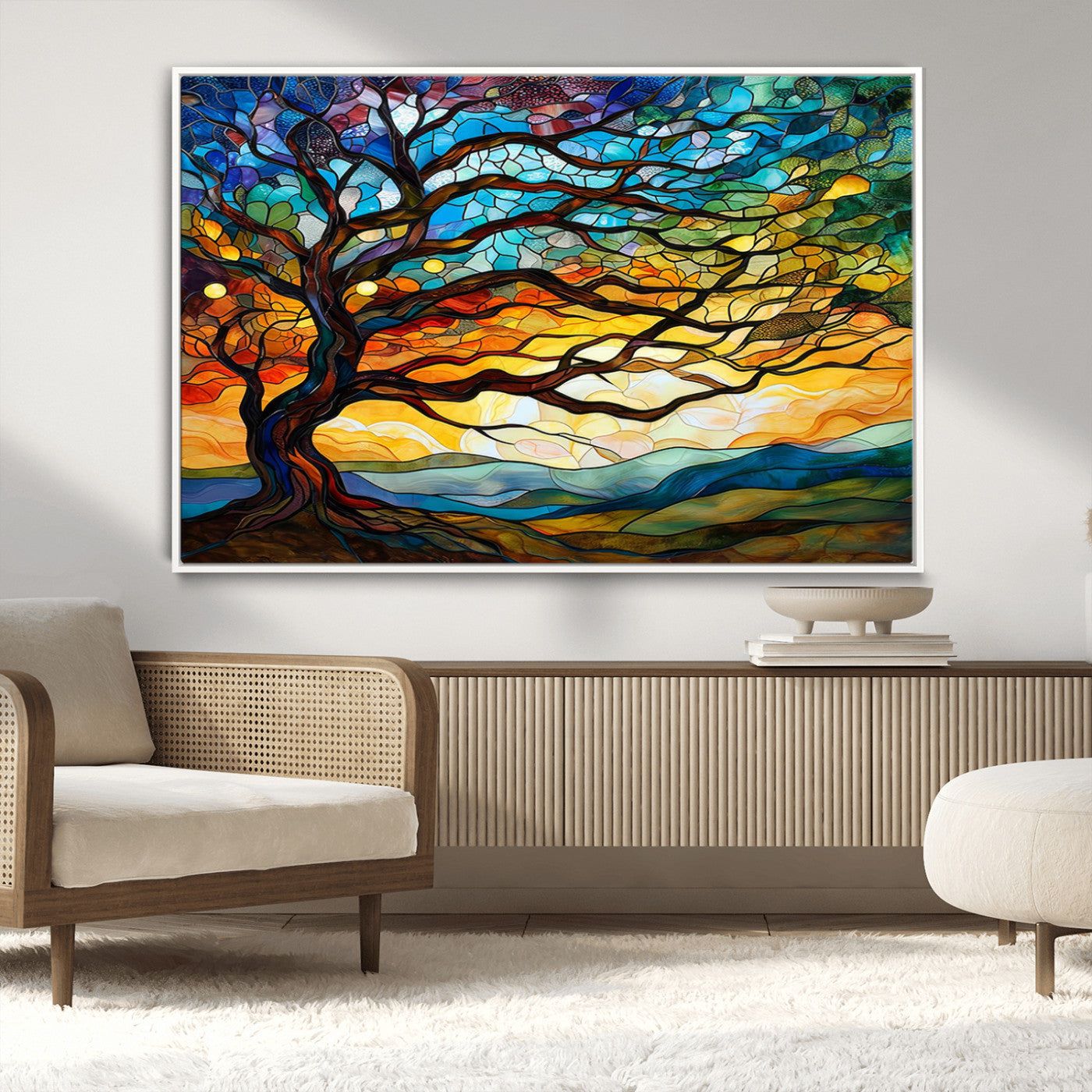 MGV-FC-36X24 - Mosaic Tree Wall Art | Ready to Hang Stained Glass Style Canvas Print | Farmhouse Wall Decor, Cabin