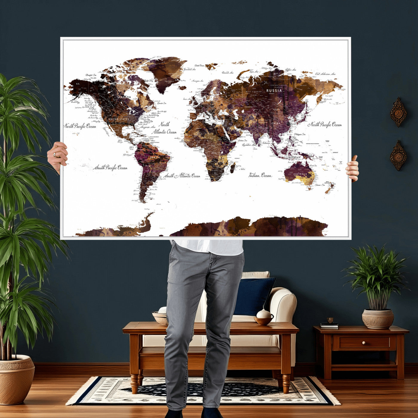 50611-MGV-CV-36X24 - Push Pin World Map Canvas Print – Framed Wall Art for Couples to Track Their Travels – Anniversary