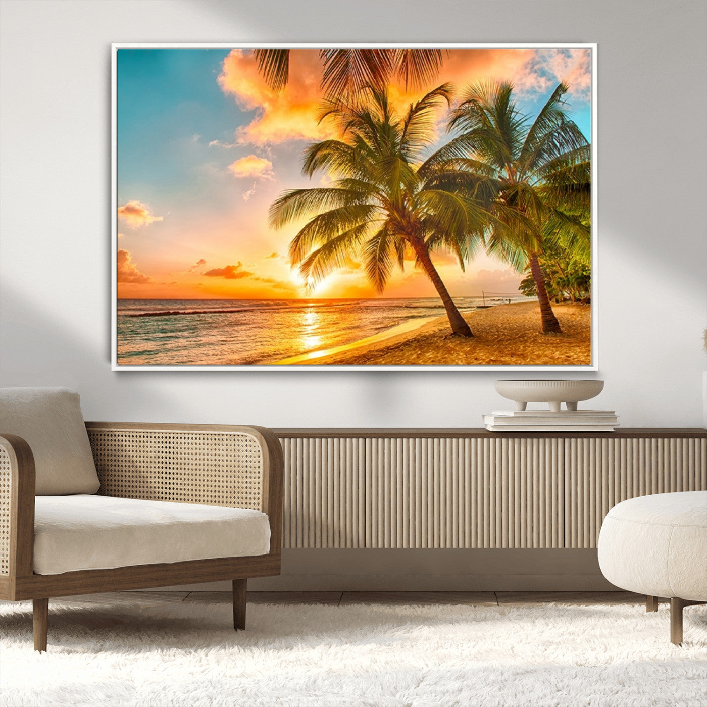 MGV-FC-36X24 - Tropical Sunset Beach Canvas Wall Art Print – Vibrant Palm Trees and Coastal Sunset Wall Decor for
