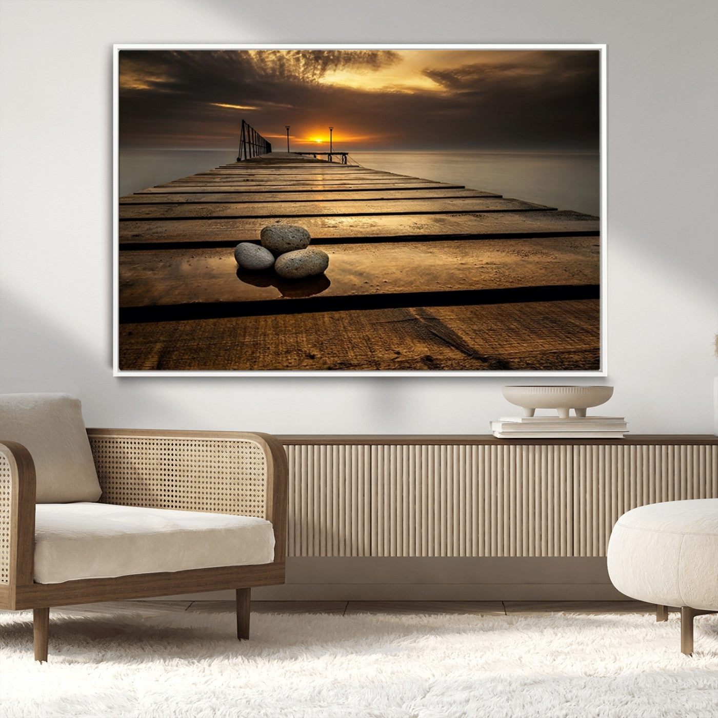 MGV-FC-36X24 - Stones on Wooden Pier at Sunset Canvas Print, Serene Coastal Wall Art, Beach Sunset Photography,