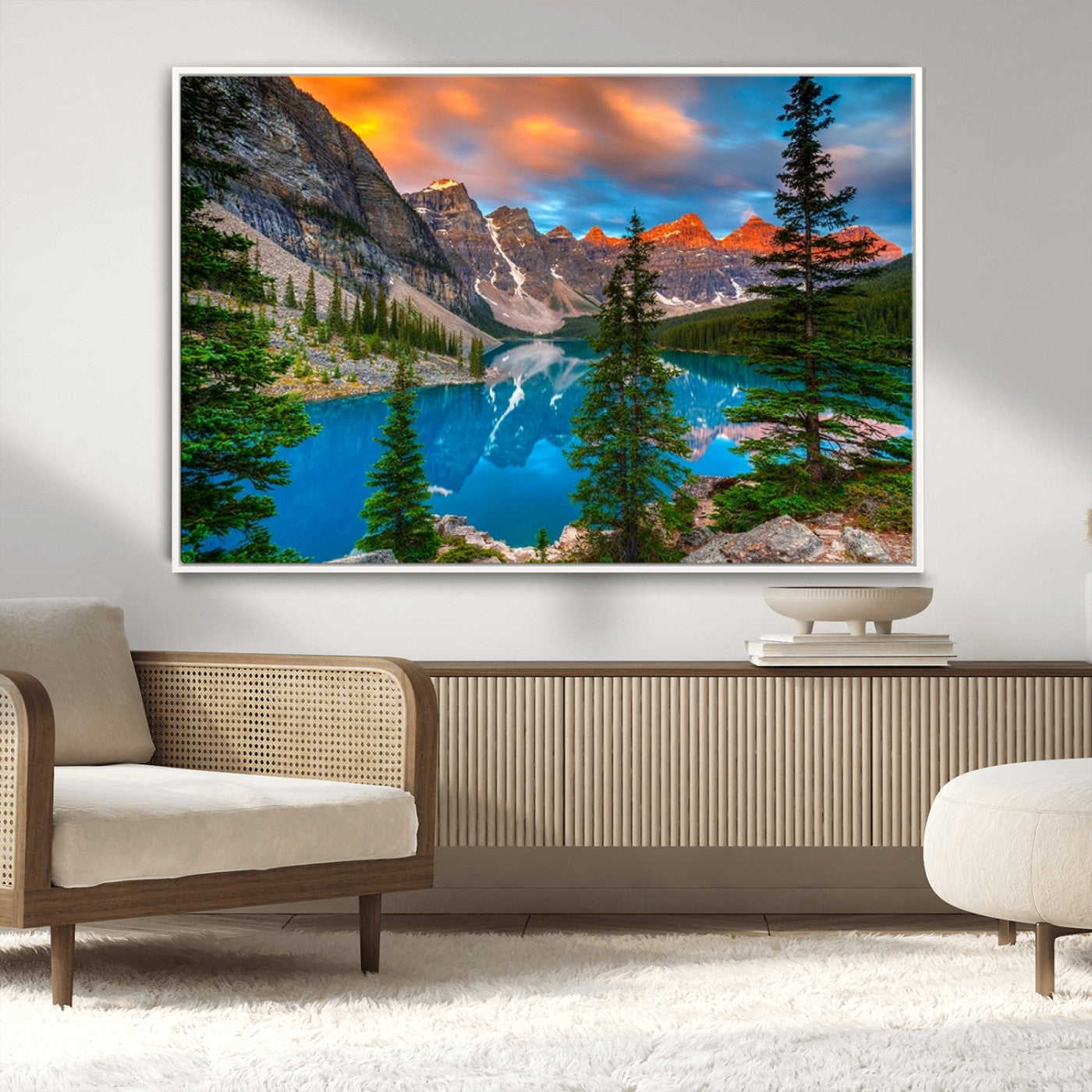 MGV-FC-36X24 - Canadian Rockies Moraine Lake Wall Art Canvas Print, Pine Trees Mountain Spring Canvas Print