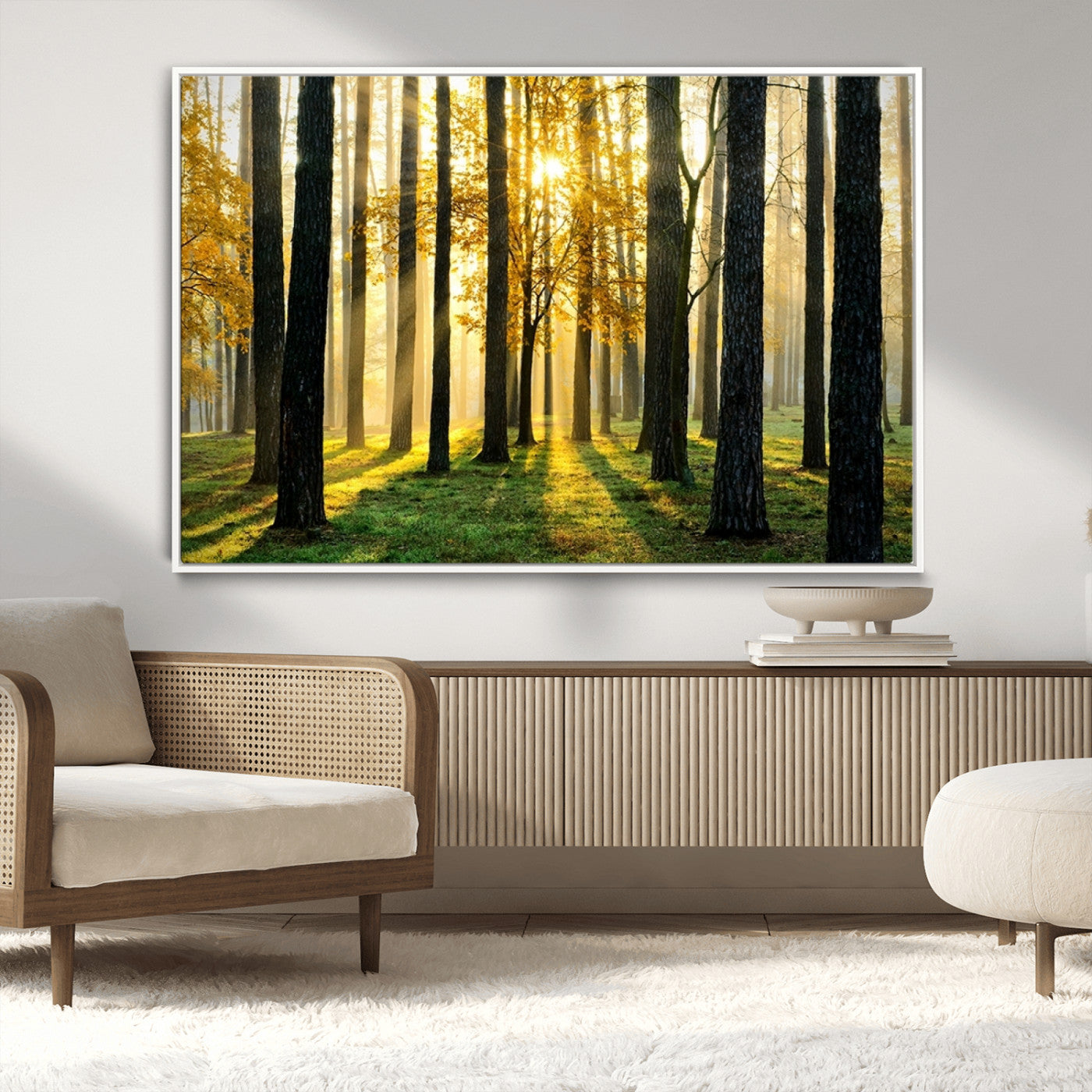 MGV-FC-36X24 - Sunlit Forest Canvas Wall Art – Serene Woodland Triptych Landscape Print – Nature-Inspired Decor for