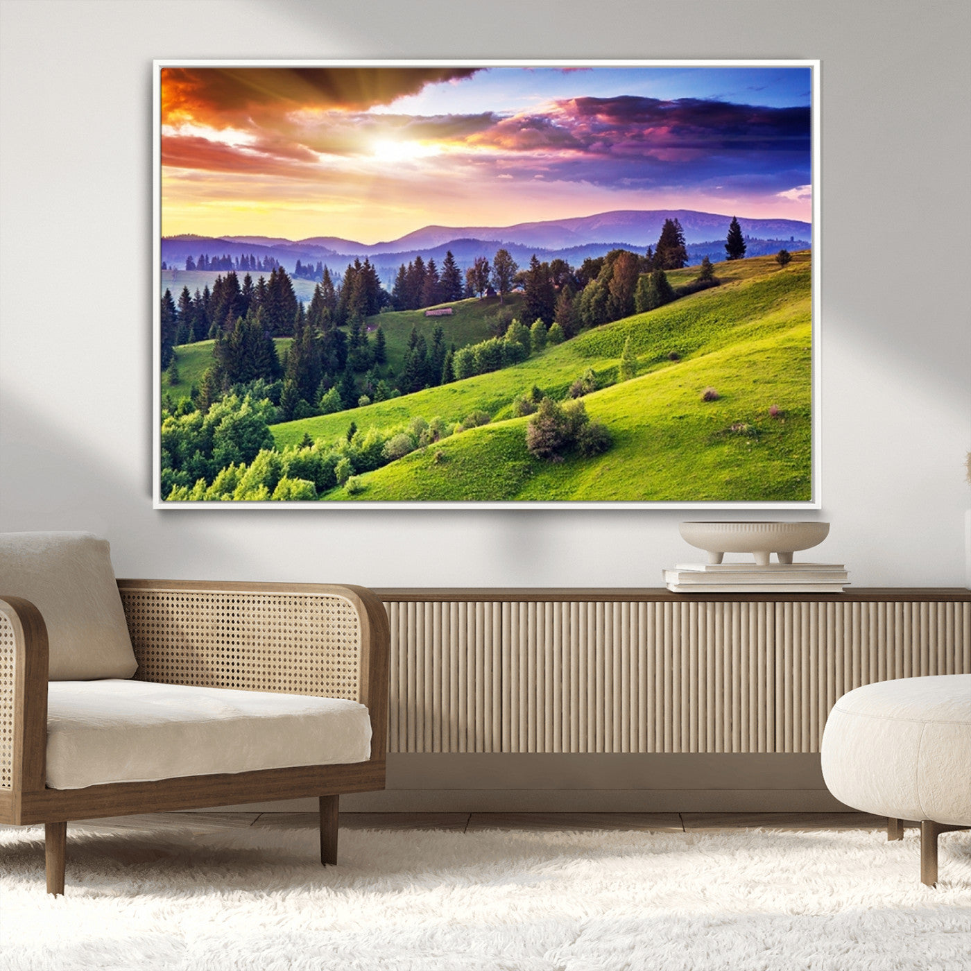 MGV-FC-36X24 - Green Hills and Sunset Wall Art Print - Scenic Landscape with Lush Greenery and Vibrant Sky, Ready
