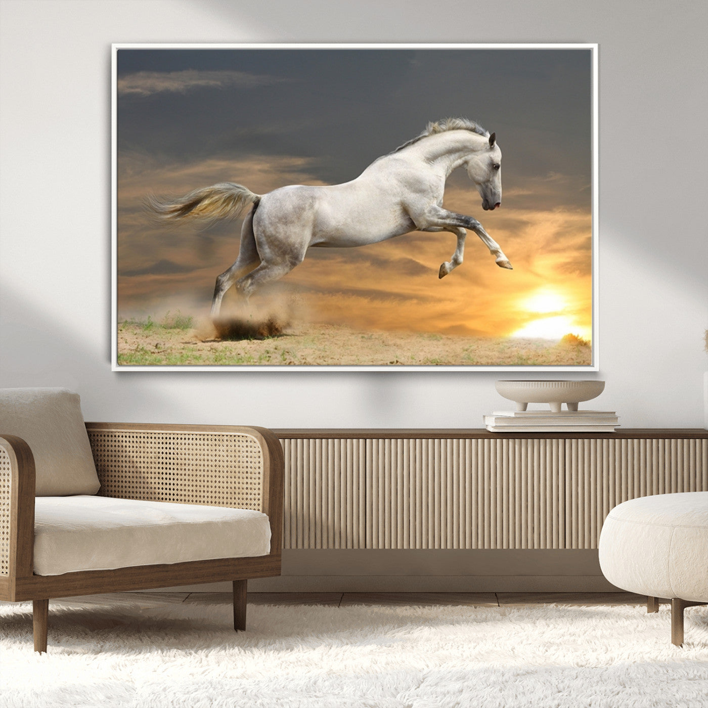 MGV-FC-36X24 - Large Wall Art Animal Canvas Print - White Jumping Horse at Sunset