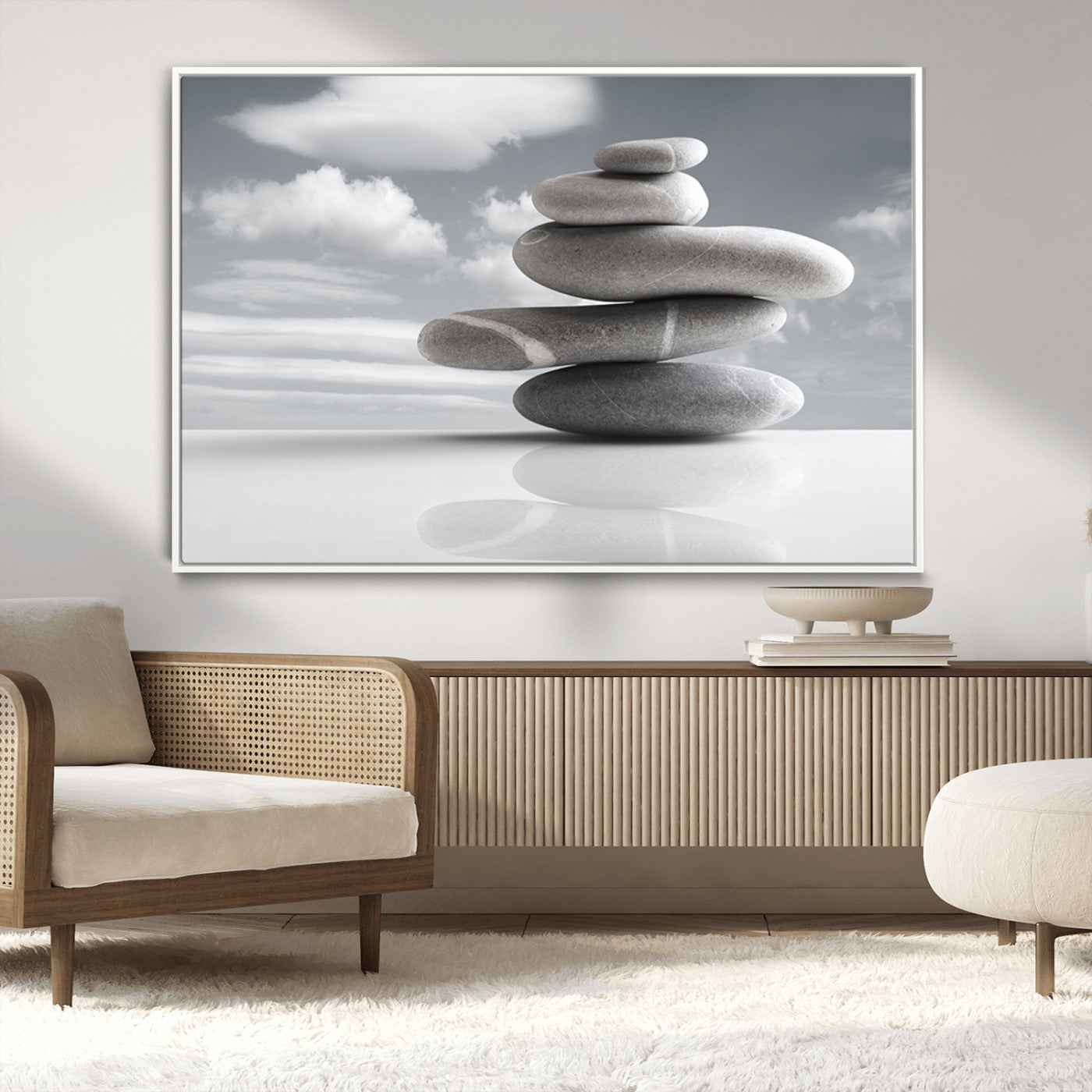 MGV-FC-36X24 - Still Life Black and White Zen Stones Wall Art Canvas, Framed Black and White Zen Stones Canvas