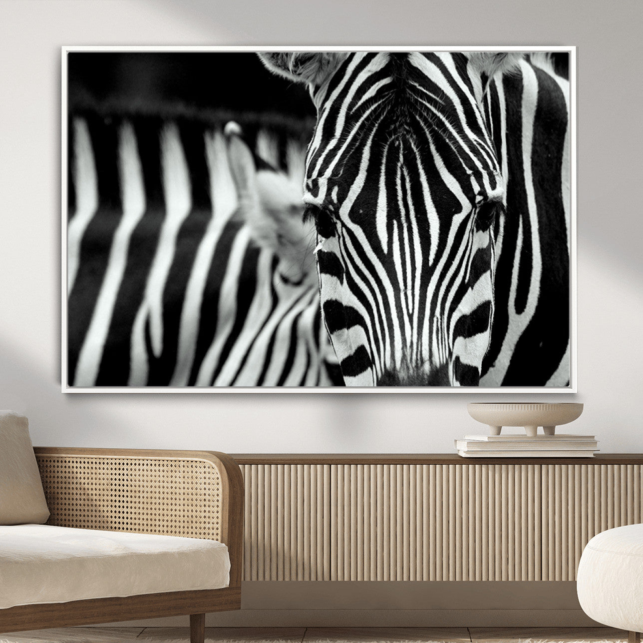 43631-MGV-CV-36X24-Zebra Close Up Wall Art – Framed Black White Wildlife Canvas Artwork, Minimal Animal Design, Modern Decor for Home, Office