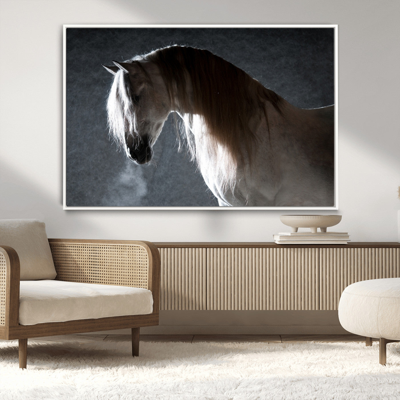 MGV-FC-36X24 - Large Wall Art Cream Colored Horse on Grey Background Canvas Print
