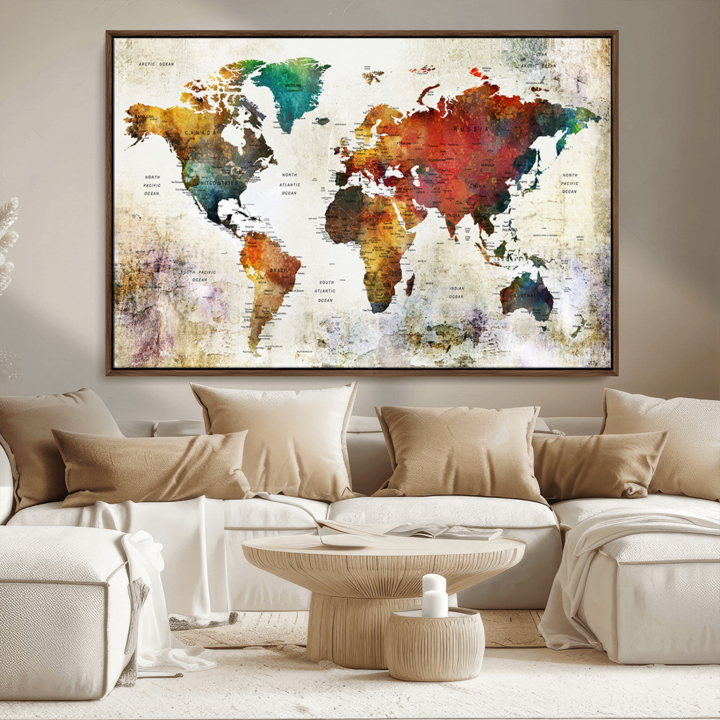 92207-MGV-FC-36X24_Walnut-Push Pin World Map Canvas Print – Framed Wall Art for Couples to Track Their Travels – Anniversary