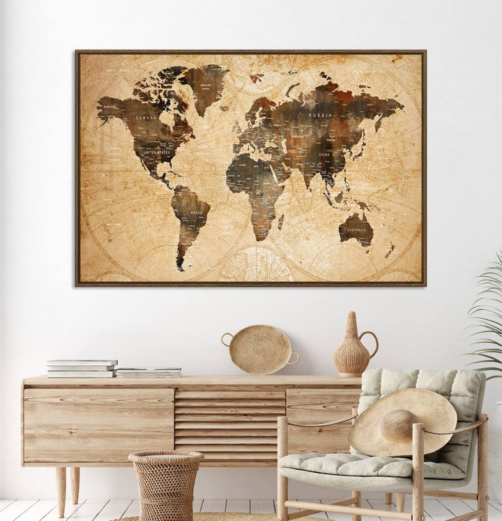 Vintage World Map Wall Art | 3 Panel Large Canvas Art | Antique World Map Canvas Print | Rustic Map Wall Art, Framed Gallery Wrapped
