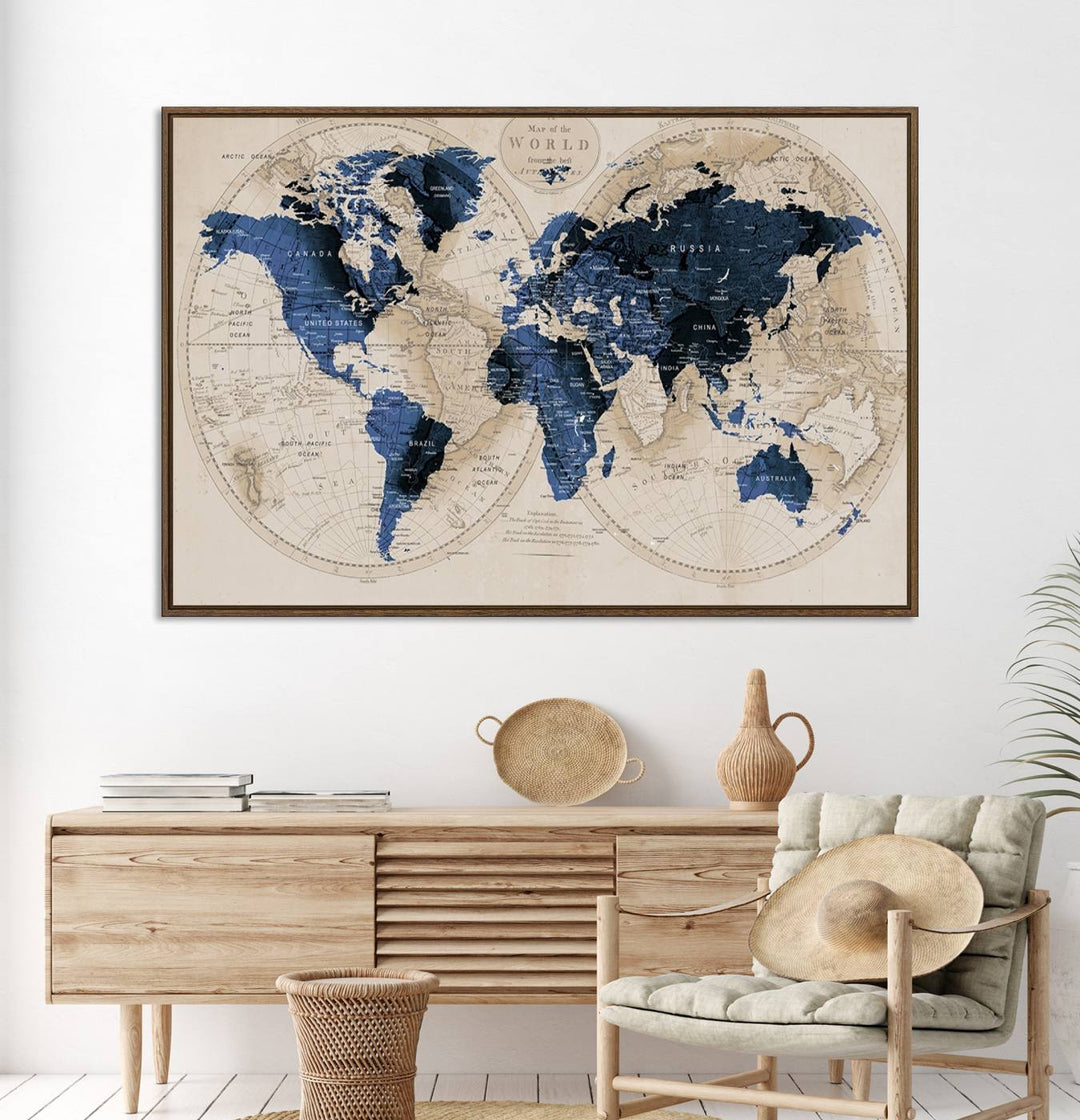 Vintage Triptych Map Print - Antique World Map Canvas Wall Art – Vintage Triptych Blue and Beige Map Print