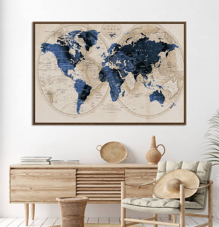Vintage Triptych Map Print - Antique World Map Canvas Wall Art – Vintage Triptych Blue and Beige Map Print