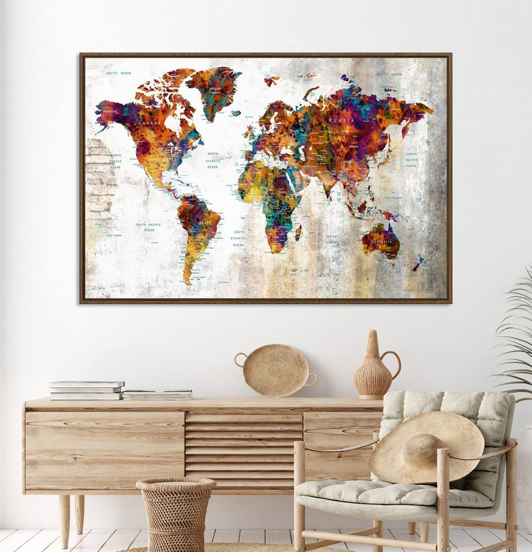 A vibrant Grunge Map Canvas Wall Art Set (3 Panels) for home or office decor, perfect for travel enthusiasts.